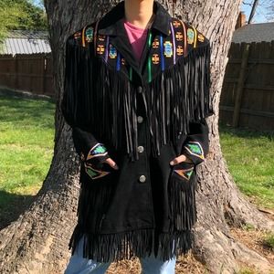 Vintage Erez Levy Southwestern Style Fringe Leather Beaded Coat Women’s L Jacket